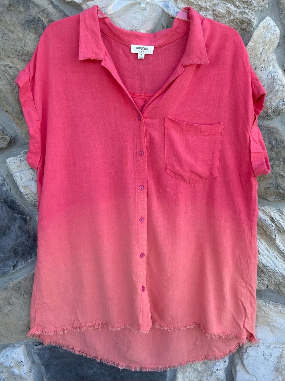 Umgee Oversized Boho Top Size M Pink Ombre Beachy Linen Blend Boxy Button Up